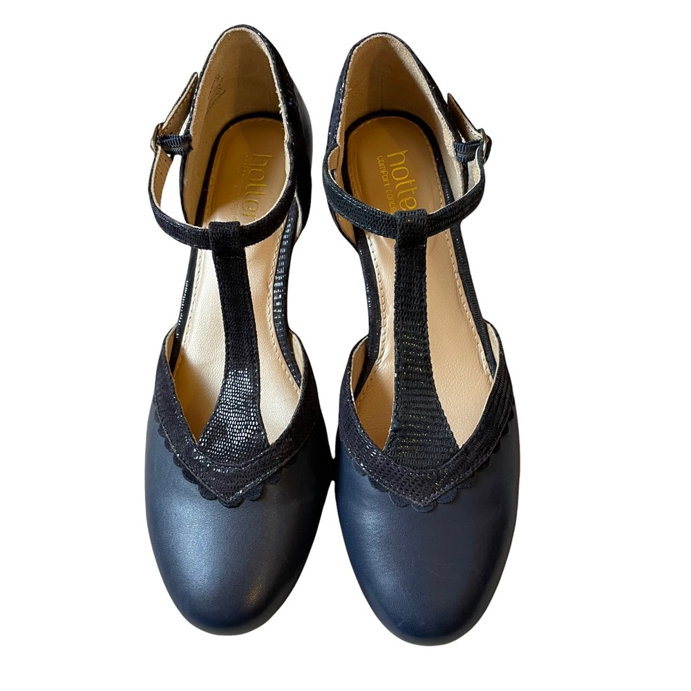 Hotter Viviene Navy Blue Leather T Strap Heels Size 8.5
